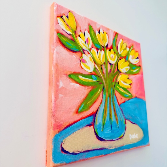 Original Painting Abstract Collectible Yellow Tulips Stems Water 10"x10" Canvas - Picture 3 of 11